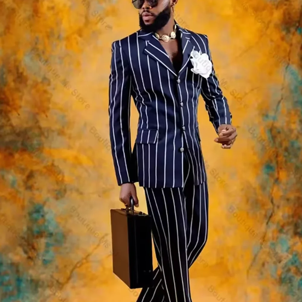 

Fashion Striped Men's Suit Set Two Piece Notch Lapel Casual Blazer Single Breasted High Quality Wedding Party Male Clothing