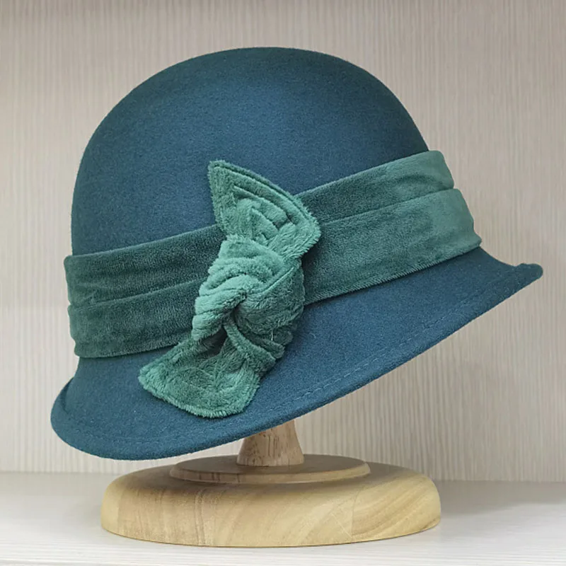 Damski kapelusz wełniany w stylu retro aksamitna kokarda kapelusz fedora Curling Brim kapelusz Cloche damski kościelny kapelusz ślubny kapelusz typu Bucket
