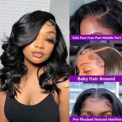 Body Wave Natural Black Bob Peruvian Human Hair Side Part Lace Front Middle Part Wig Pre Plucked Wig For Black Women 180 Density