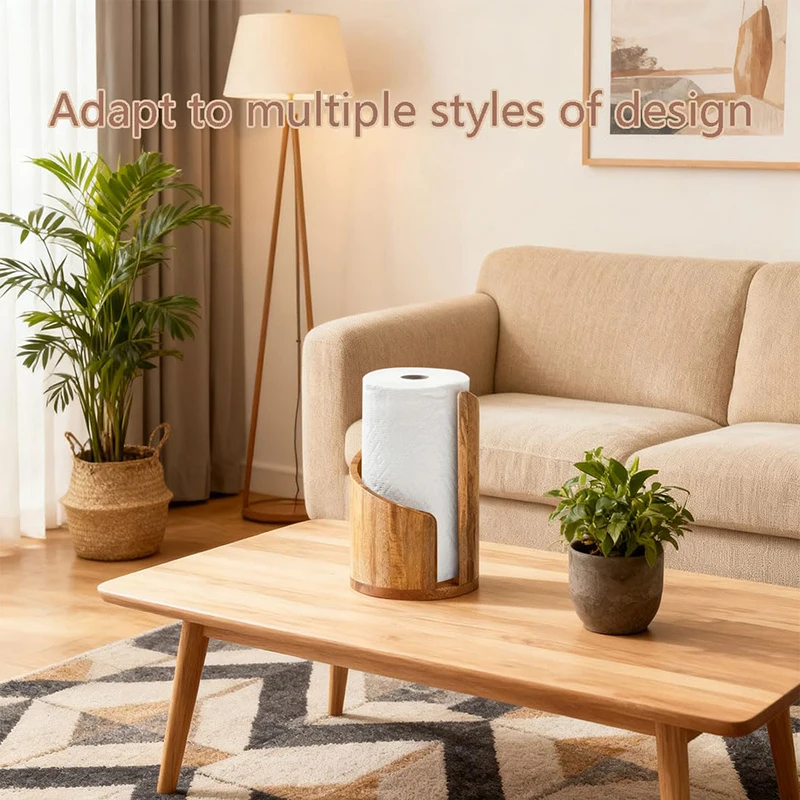 

New Mountain Paper Towel Holder Countertop With Mango Wood Round Base And Iron Holder, Brown Natural Wood Paper Towel Holder