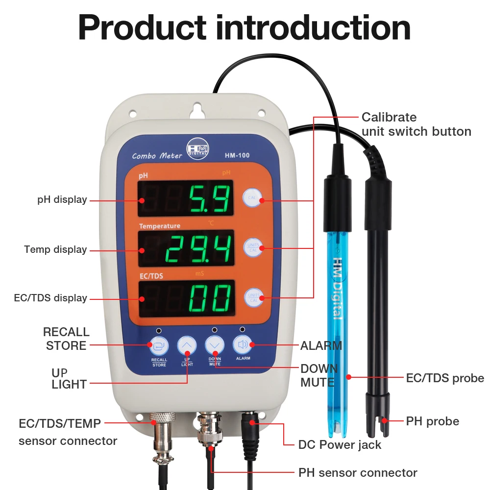 4 in 1 オンライン水質テスター モニター HM100 コンボメーター PH 温度 TDS ECメーター 水質分析計 ATC 0.0 - 60.0 ° 水耕栽培用C