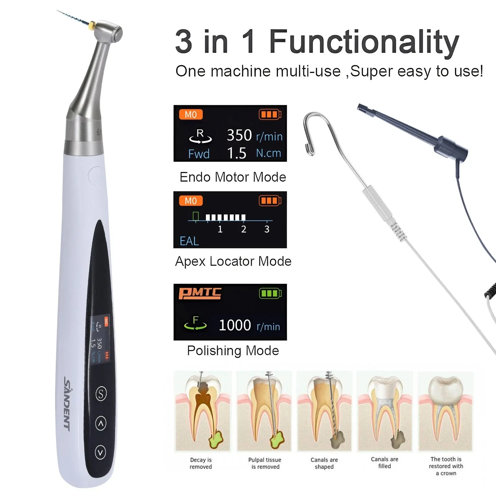 

Dental Endo Motor 6:1 +Apex Locator Root Canal+Hygiene Prophy Handpiece 3 in 1 For Woodpecker