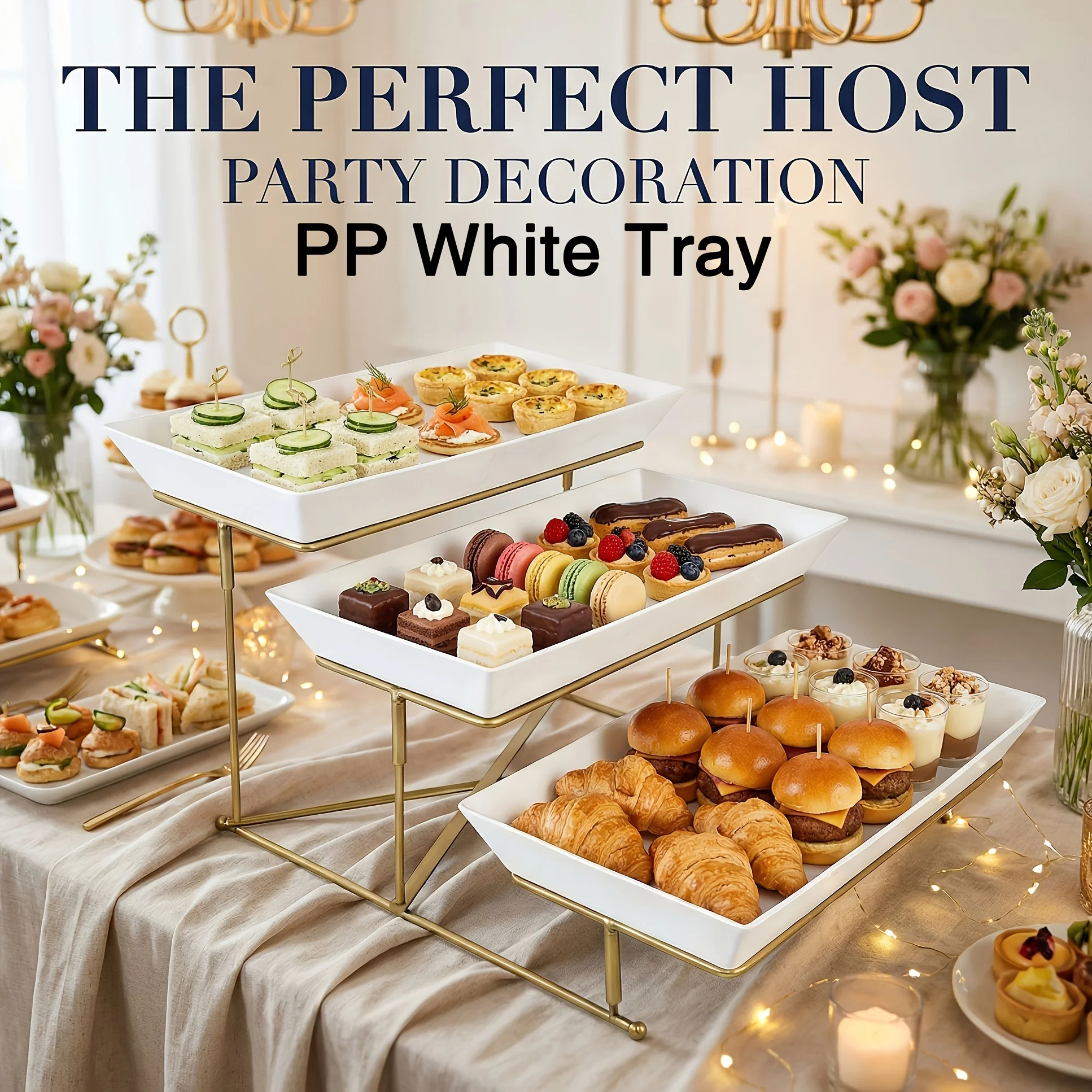 

[Weddings, Birthdays] 3-Tier Flat Cake Stand Set With Metal Frame And Three White PP Trays, Ideal For Dessert Display, Buffet Arrangement And Centerpiece Decoration. Perfect For Showcasing Cakes, Pastries And Fruits At Weddings, Birthdays, Afternoon Teas