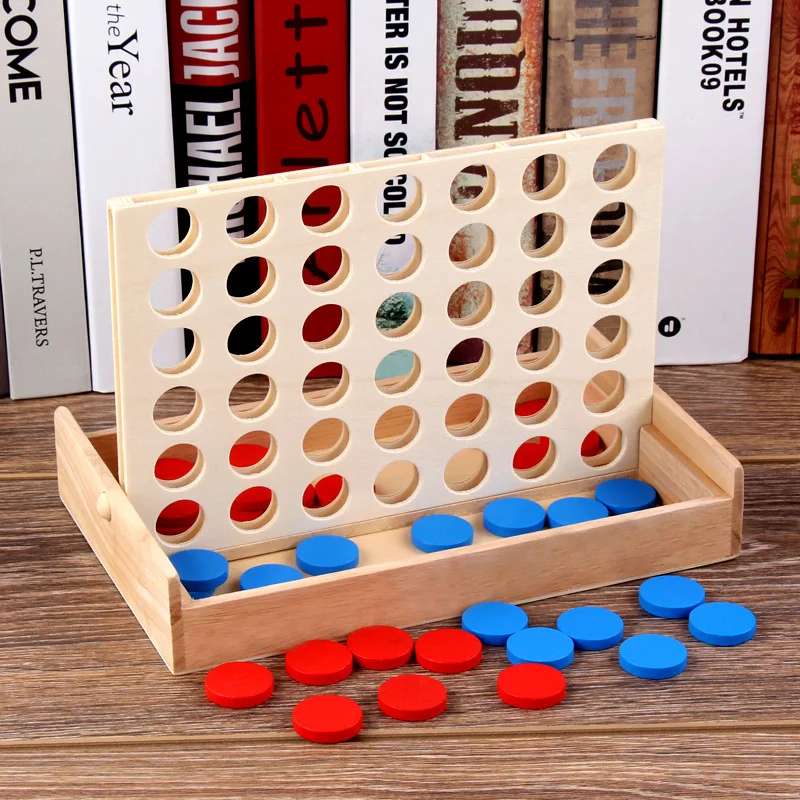 

Wooden Four in A Row Bingo Chess Connect 3D Wood Pillar Beads Family Fun Educational Shape Color Fruit Sorting Board Game