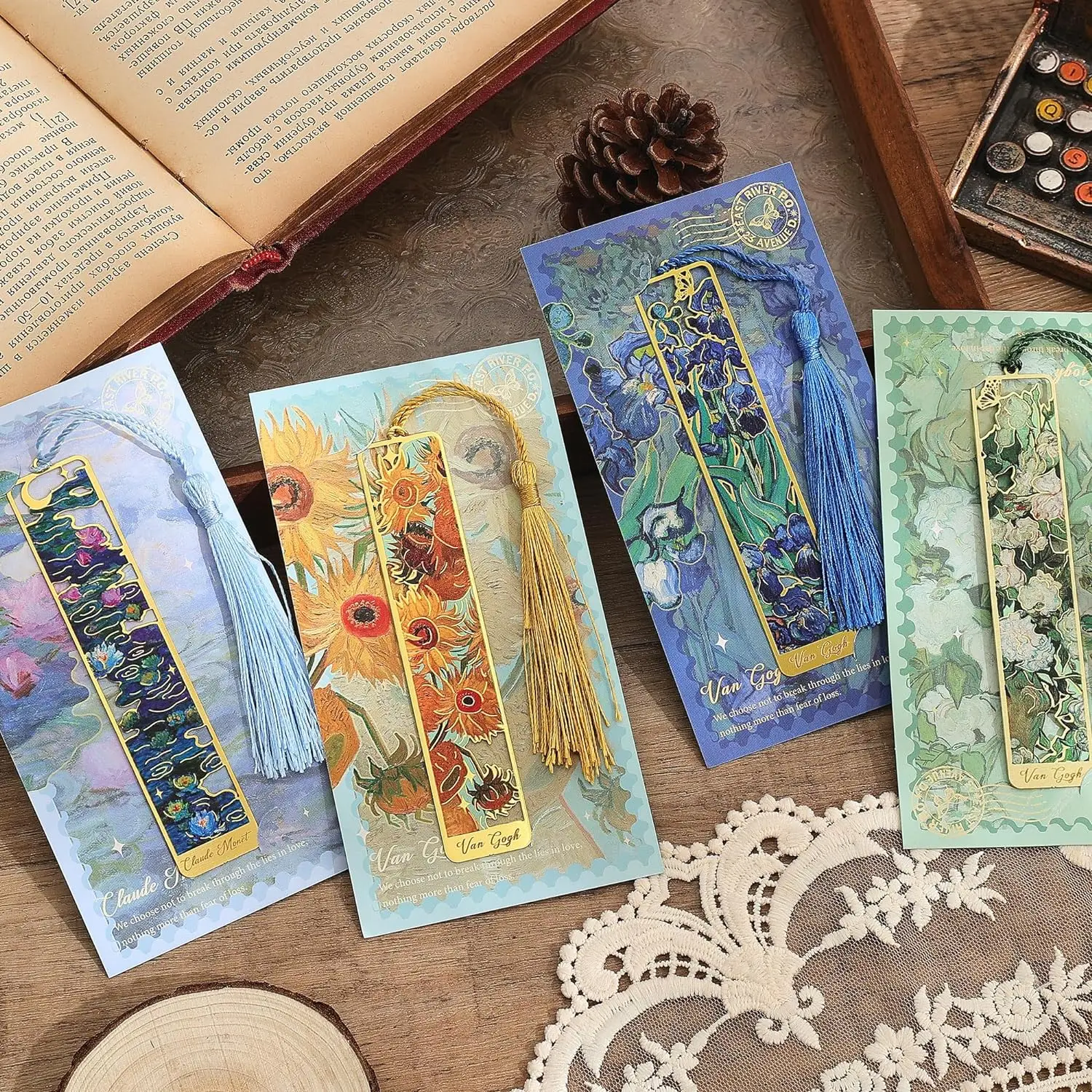 4/6pcs Metal Bookmarks with Tassel, Golden Hollow Bookmark Van Gogh Monet Oil Painting Theme Book Mark Bookmarks for Book Love