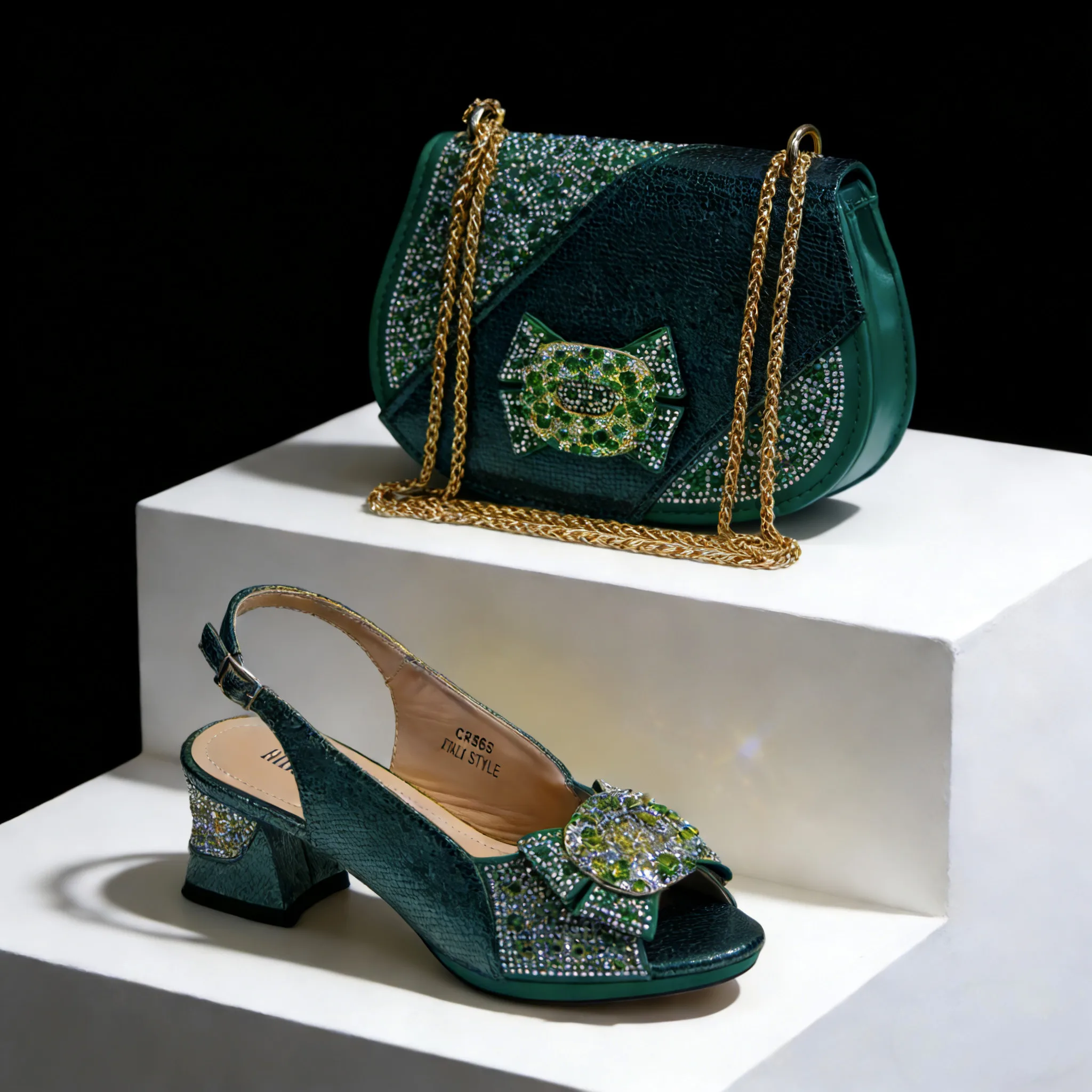 Italian Design Hard Bag & Open Toe High Heels Set Green Color Blocking Hot Rhinestones Fashion Sexy Women High Heels
