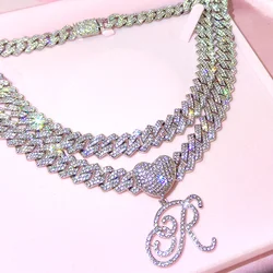 Hip Hop A-Z Cursive Initial Letters Crystal Pendant Cuban Necklace For Women Iced Out Prong Cuban Link Chain Necklace Jewelry