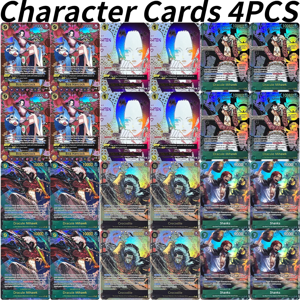 

4Pcs DIY One Piece Character Cards Boa Hancock Crocodile Dracule Mihawk Ground Death Perona Shanks Game Collectible Foil Texture