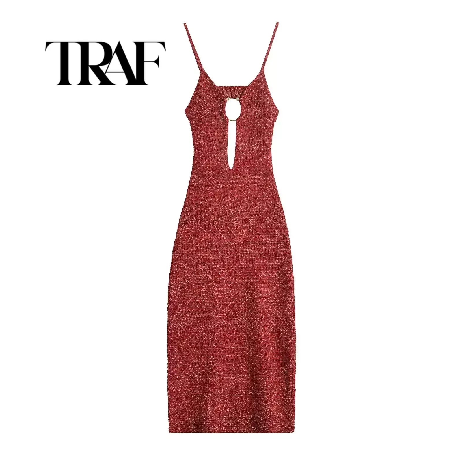 TRAF-vestido Midi de punto para mujer, ropa de calle con tirantes finos, Espalda descubierta, lazo, corte bajo, cintura alta