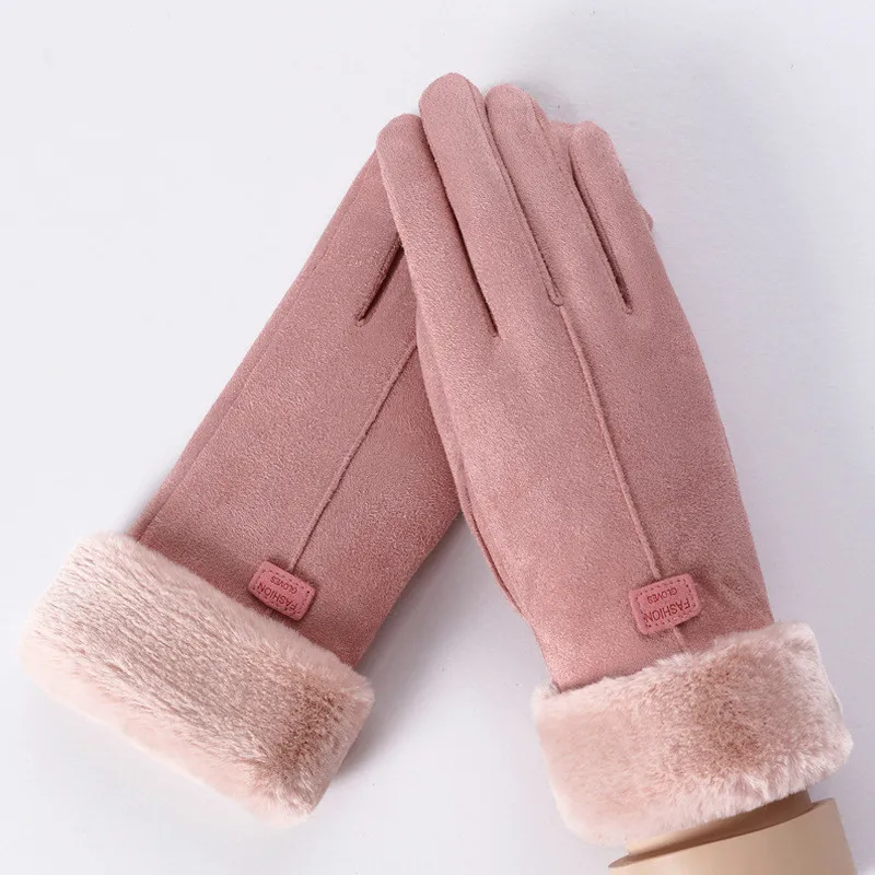 Manoplas de ciclismo de piel de ante cálida de Cachemira para mujer, guantes de conducción con pantalla táctil de muñeca de felpa de terciopelo doble grueso para invierno