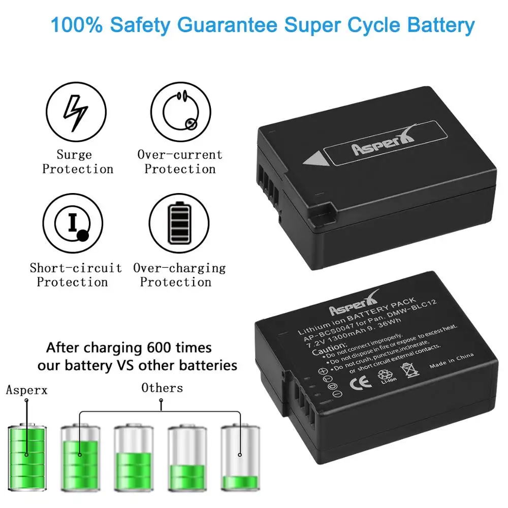 1x7.2V 1300mAh DMWBLC12 BLC12 DMW-BLC12 DMW BLC12e Bateria litowo-jonowa Bateria dla Panasonic FZ200 FZ300 FZ1000 G5 G6 G7 GH2 DMC-GX8