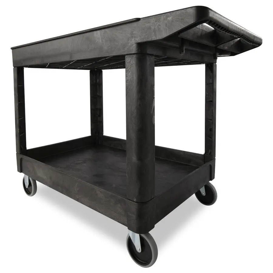 2Shelf Utility Service Cart, Medium, Black, Lipped Shelves, Ergonomic Handle, 500 lbs. Capacity, for Warehouse Garage Cleaning M