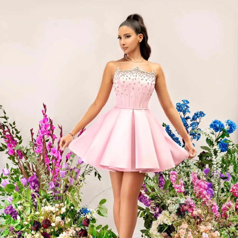 

Customized Pink Strapless A-line Draped Mini Party Dress Jersey Crystal Backless Lace-up Above Knee Length Sleeveless Prom Gowns