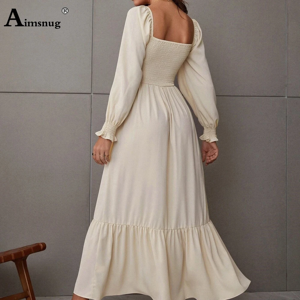 Women Elegant Maxi Dress 2024 Autumn Casual Square Collar Party Dresses High Cut Female Long A-line Dress Clothing Size S-4XL