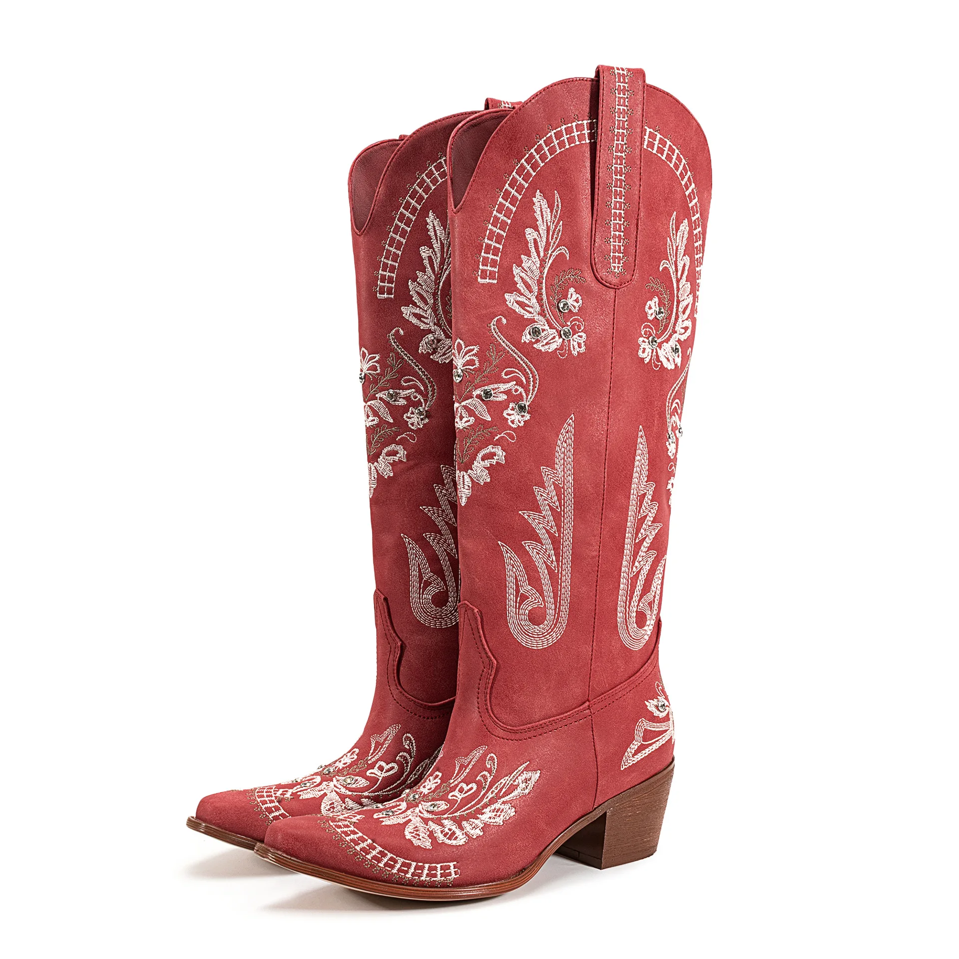 Dames lederen kniehoge cowboylaarzen Vintage geborduurde bloemen westerse laarzen Vierkante neus Blokhak laarzen voor herfst winter