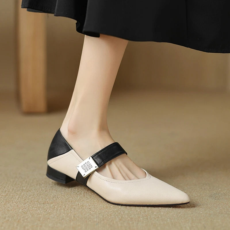 NEW Spring/Autumn Women Pumps Genuine Leather Shoes for Women Pointed Toe Low Heel Shoes Metal Buckle Mary Janes Handmade Shoes