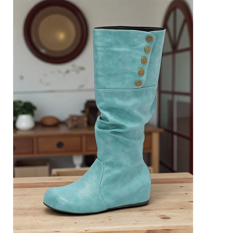 أزرار معدنية فيروزية مترهل حذاء برقبة للركبة مسطح امرأة شتاء 2026 طوي طريقتان لارتداء الأحذية أحذية رعاة البقر الغربية #1