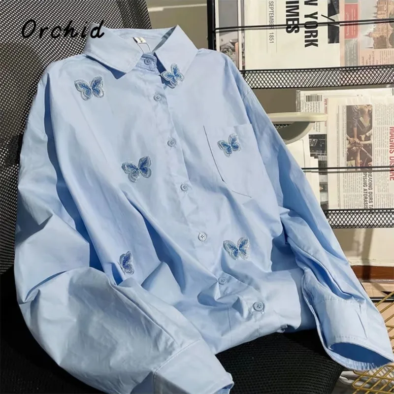 2025 Spring Blue Butterfly Decal Single Breasted Loose Shirt Women's Turn-Down Collar Embroidery Long Sleeve Blouse Female