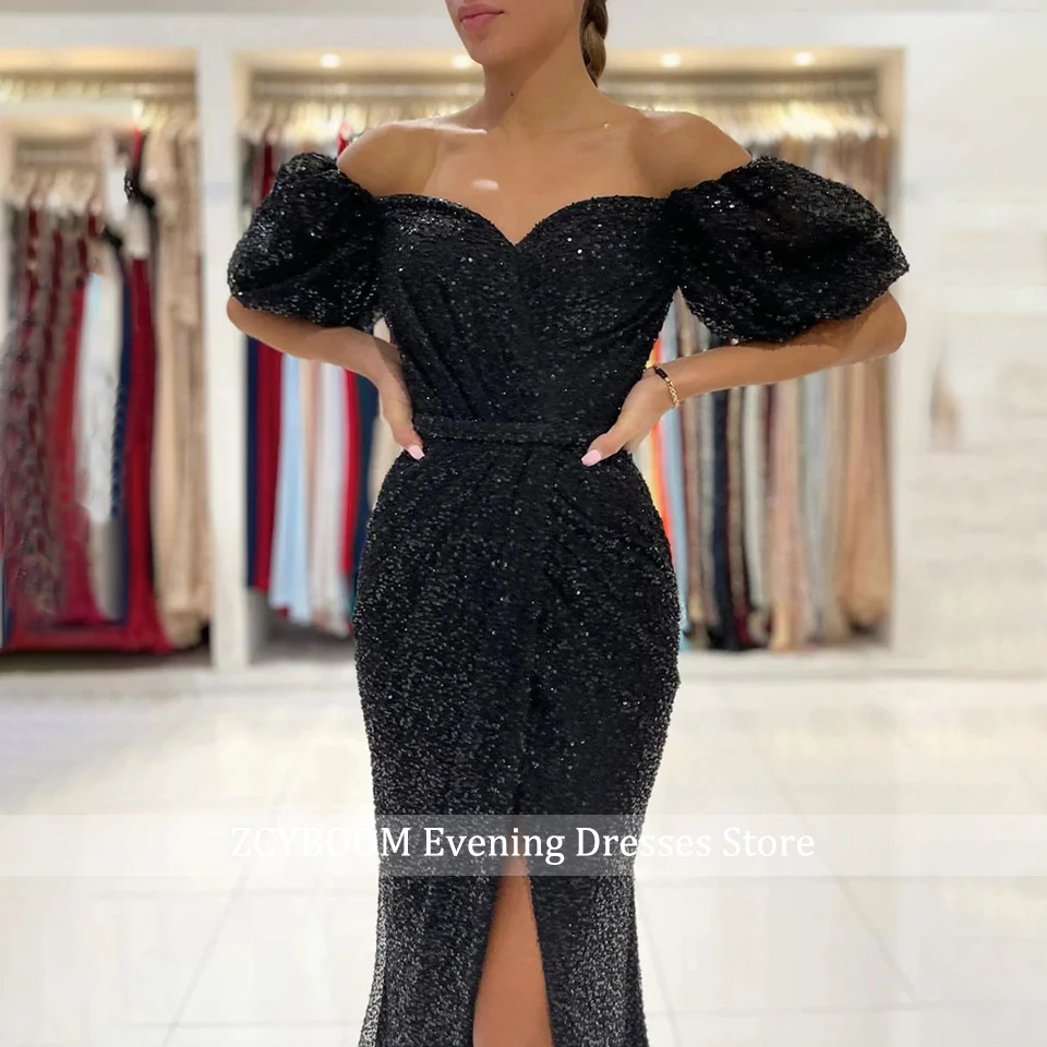 Customized Sexy Black Tulle Puff Sleeves Mermaid Evening Dresses 2024 Sparkly Sequined High Slit Sweetheart Party Long Prom Gown