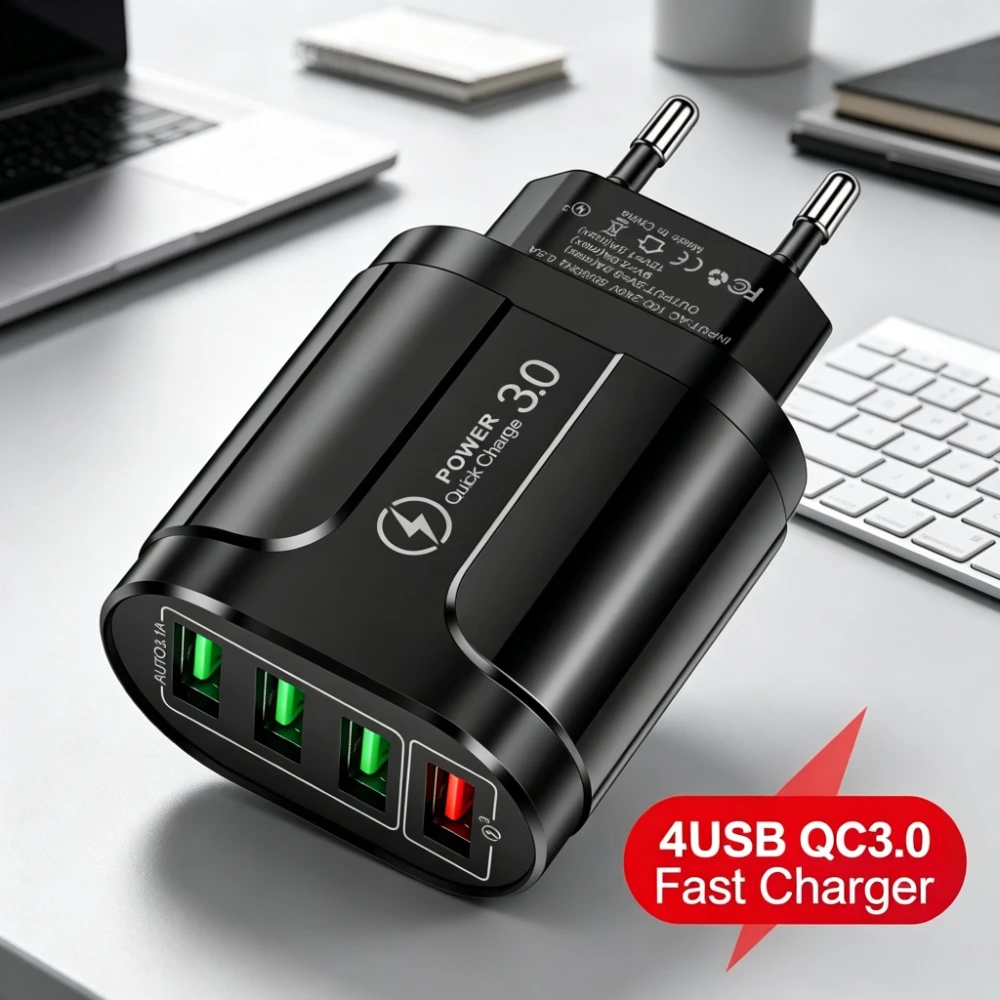 4 in 1 USB Charger 3.1A Fast Charging Mobile Phone Travel Adapter For iPhone 17 16 Pro Max Xiaomi Ultra Samsung Huawei Oneplus
