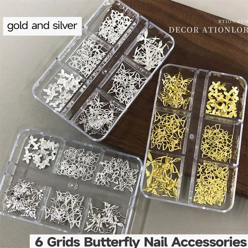 6 grilles 3D Rivet papillons Vintage Style européen décors d'ongles or/argent creux papillon Nail Art bricolage scintillant ongles Accents *