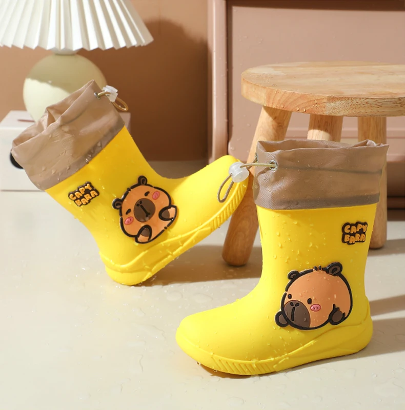 One Pair of Toddler Mid-Calf Rain Boots for Boy and Girl Comfortable Soft Sole Capybara Rubber Water Shoes Elastic Band image 5