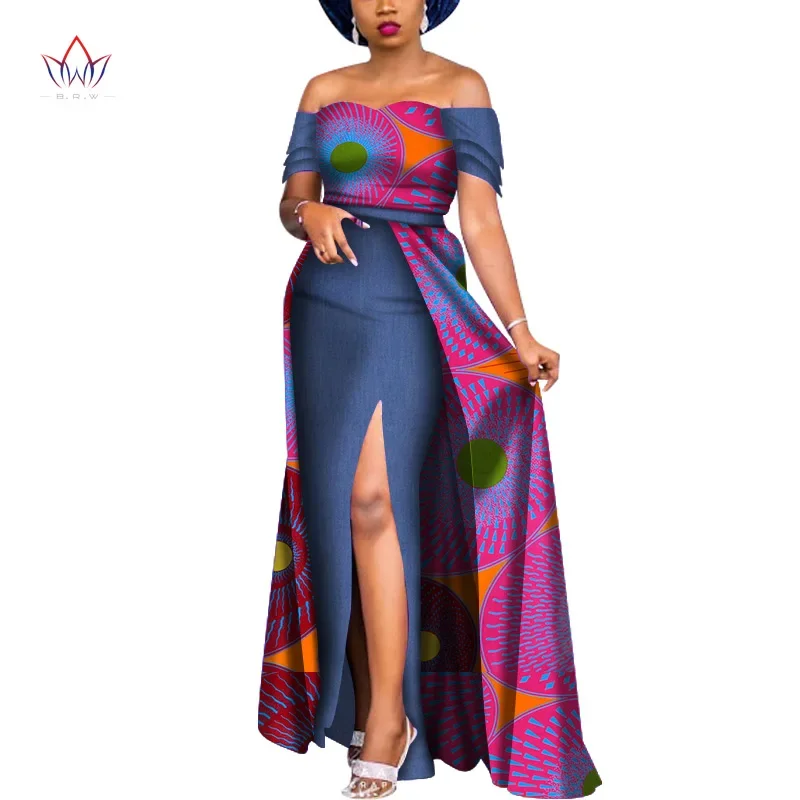 

Bintarealwax African Clothing for Women Dashiki Off Shoulder Sexy Dress for Party Bazin Elegant African Print Dresses WY6800