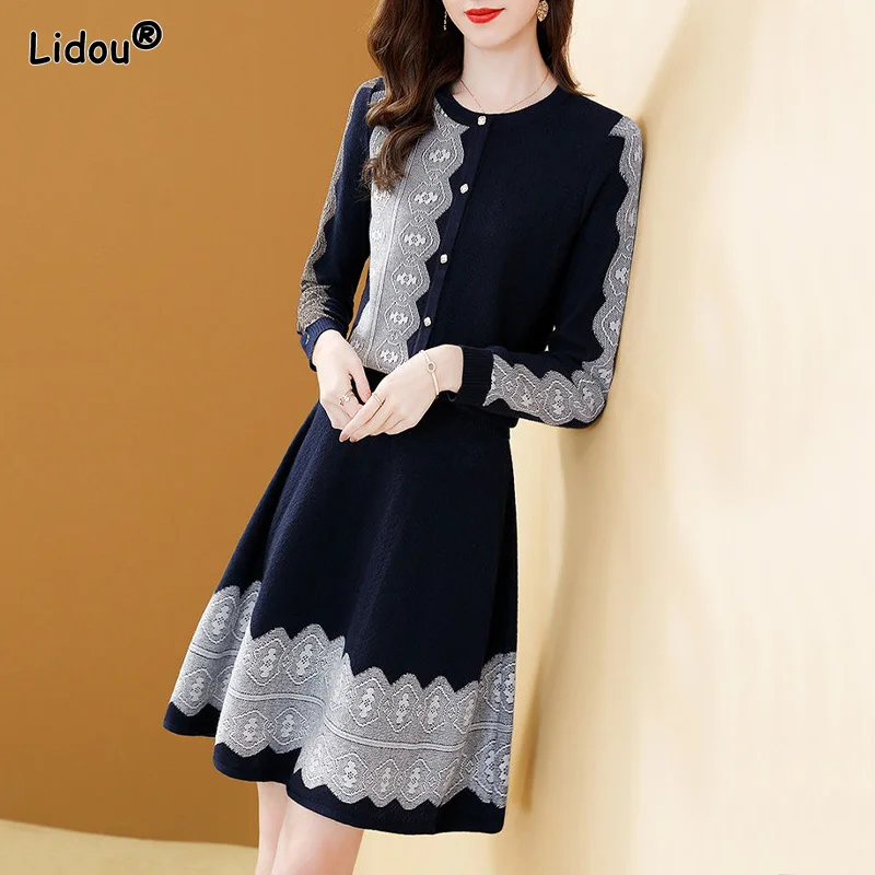 

Spring Autumn England Style Popularity Dresses O-Neck Knee-length Single Breasted Lace Floral Women's Clothing Dignified Grace