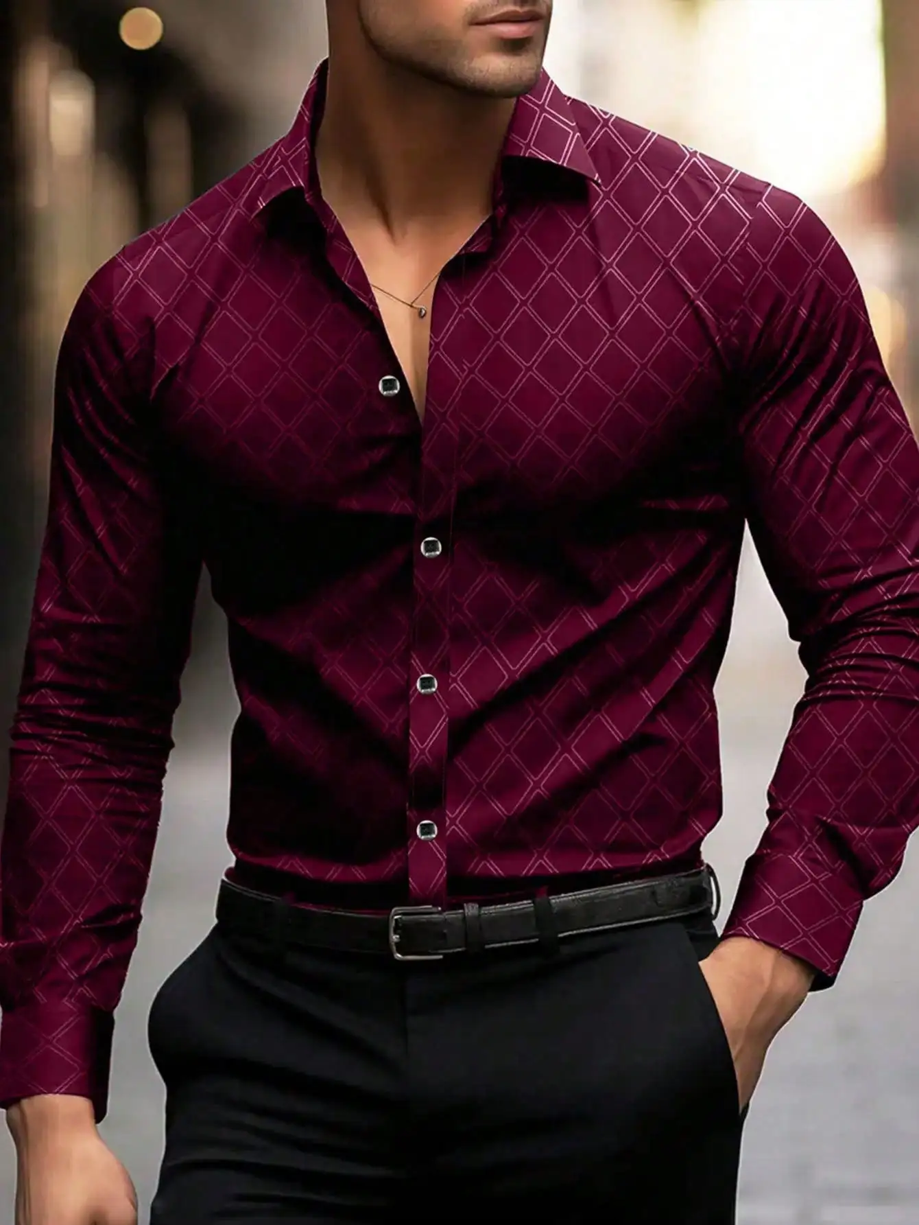 

Men's Burgundy Diamond Pattern Long Sleeve Casual Business Shirt for Fall