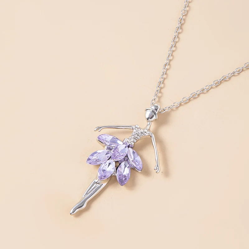 Fashion Purple Crystal Ballet Girl Pendant Necklace Ballerina Dancer Sweater Chain Necklaces For Women