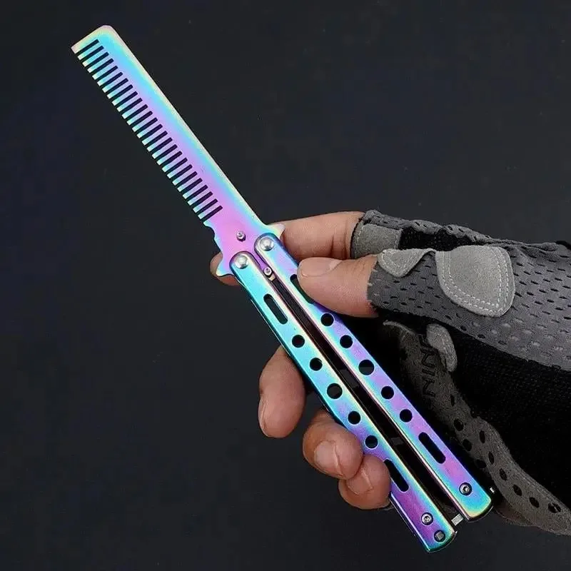 1PCS Faltbare Kamm Edelstahl Schmetterling Messer Kamm Bart Schnurrbart Pinsel Salon Friseur Styling Werkzeug – Detail 2