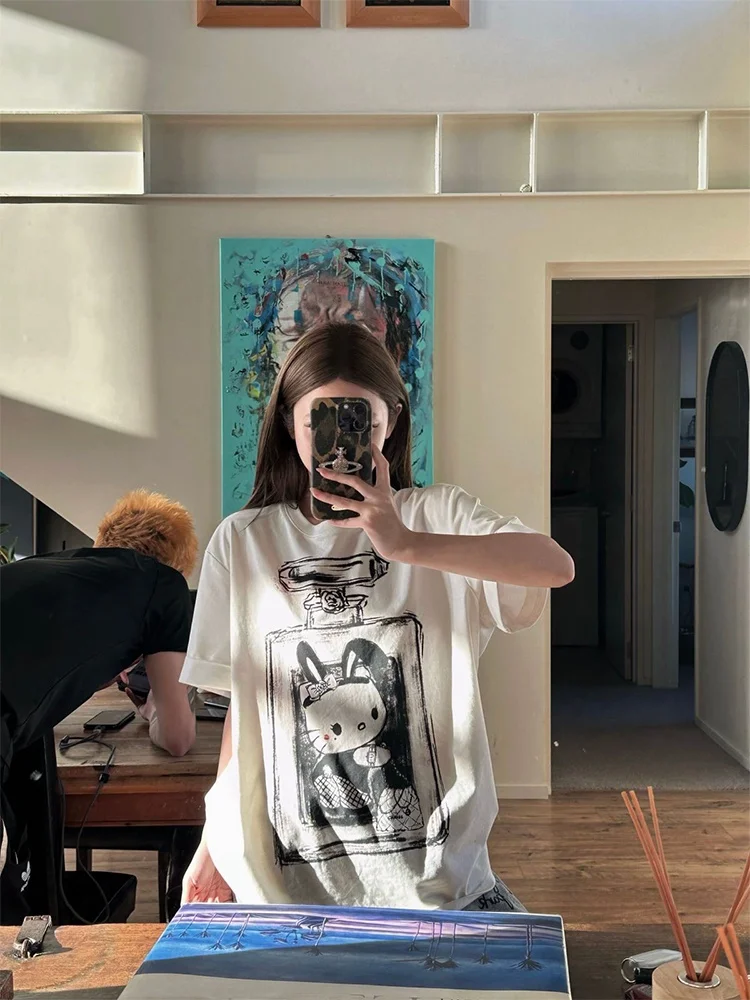 

FuunJ Lazy White Loose Fit ort Sve T-irt Women's Oversize Slimming Top Casual Comfortable Printed Summer Tee