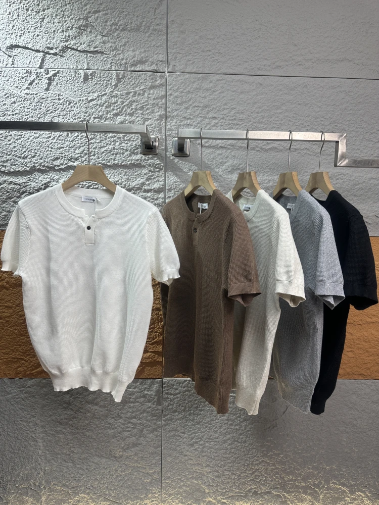 

American Retro Knitted Flower Pattern ort Sve T-irt Men's Casual round Ne Pullover Pure Color Base irt