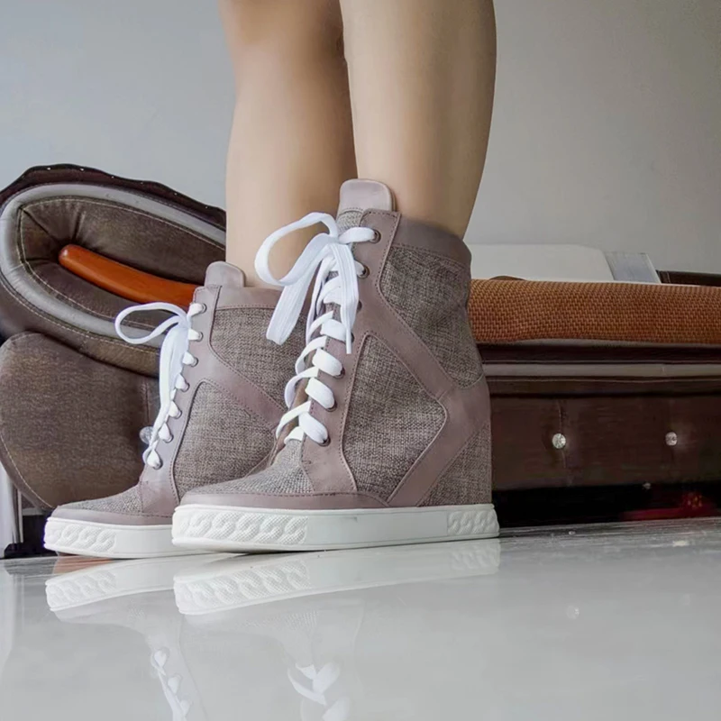 Roman Pink Brown Cow suede Hemp Patchwork Lace-Up Ankle Boots Inner Wedge Increased Height Women's High-top Sneaker Shoes