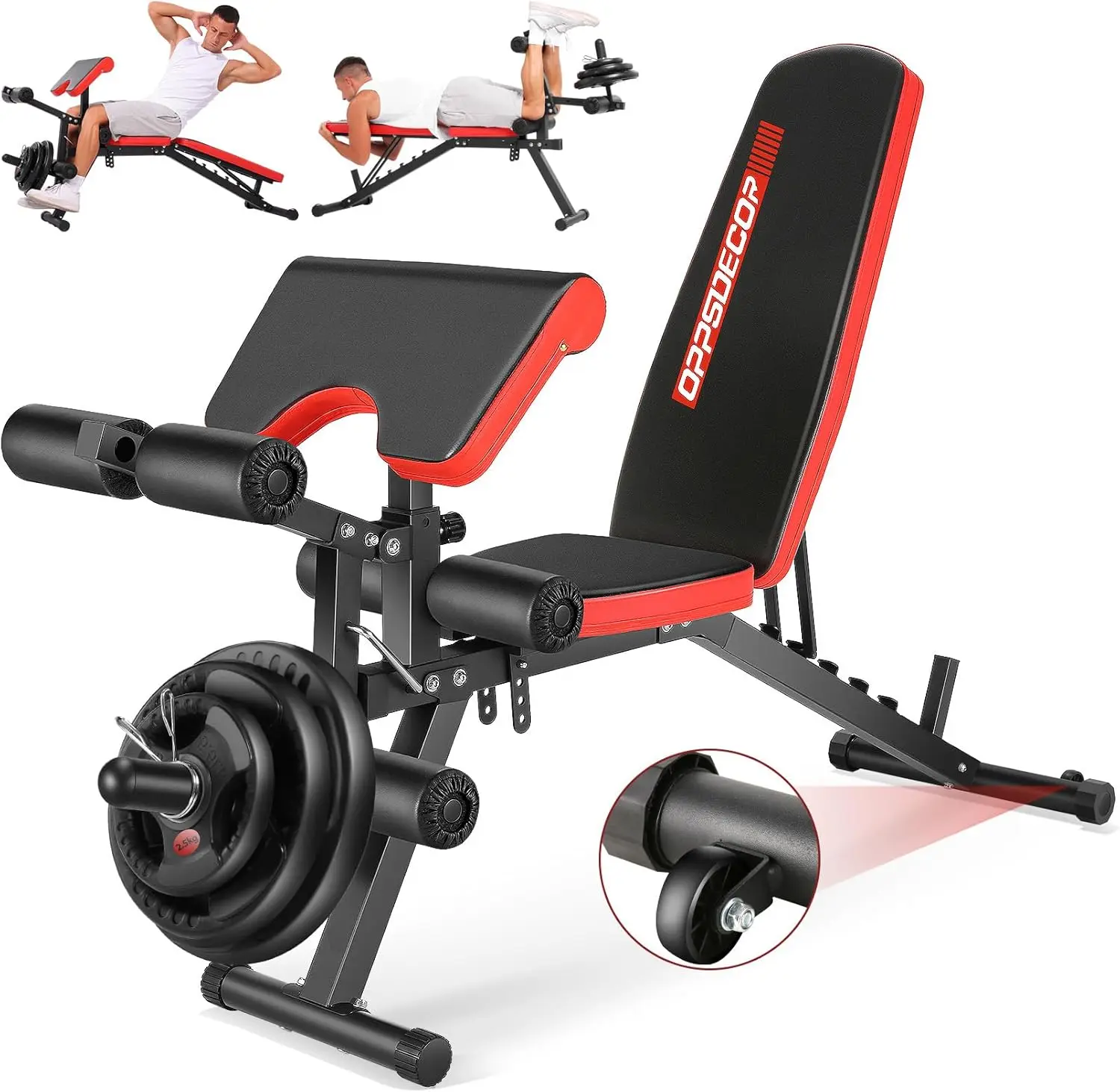 Adjustable Weight Bench with Leg Extension and Leg Curl, Workout Bench Press Preacher Curl Bench with Wheels, 800 LBS