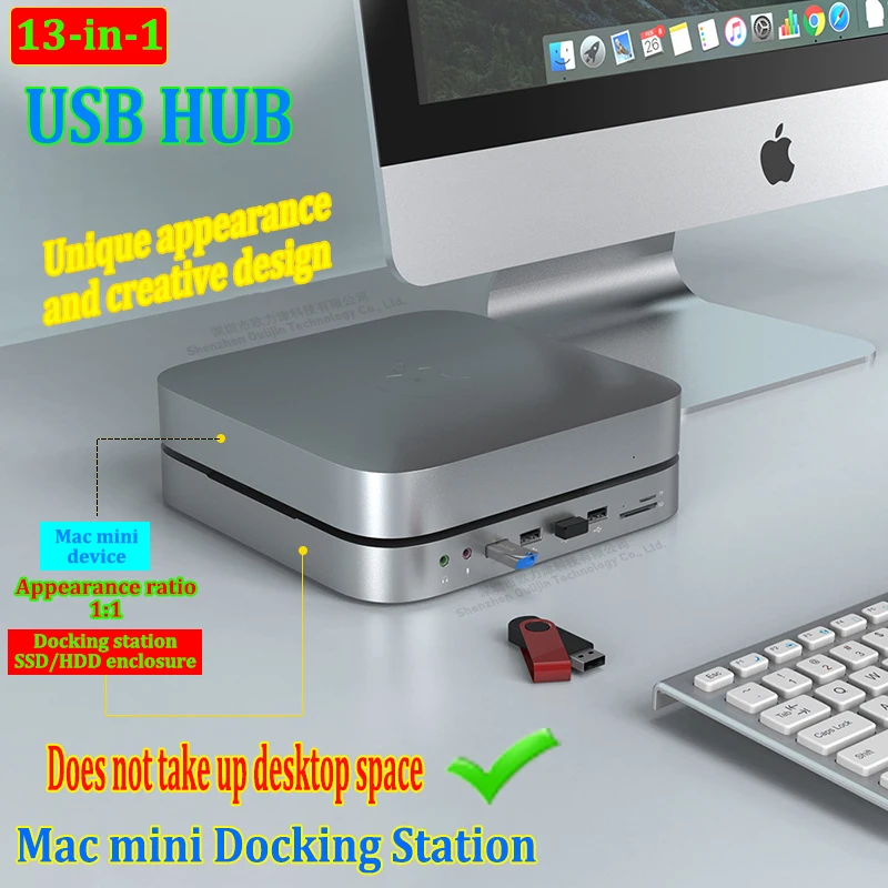 Estação de encaixe HUB USB-C HDMI 4K USB 3.0 VGA SD TF leitor de cartões SSD/HDD de 2,5 polegadas caixa de disco rígido para Apple Mac mini M1/M2