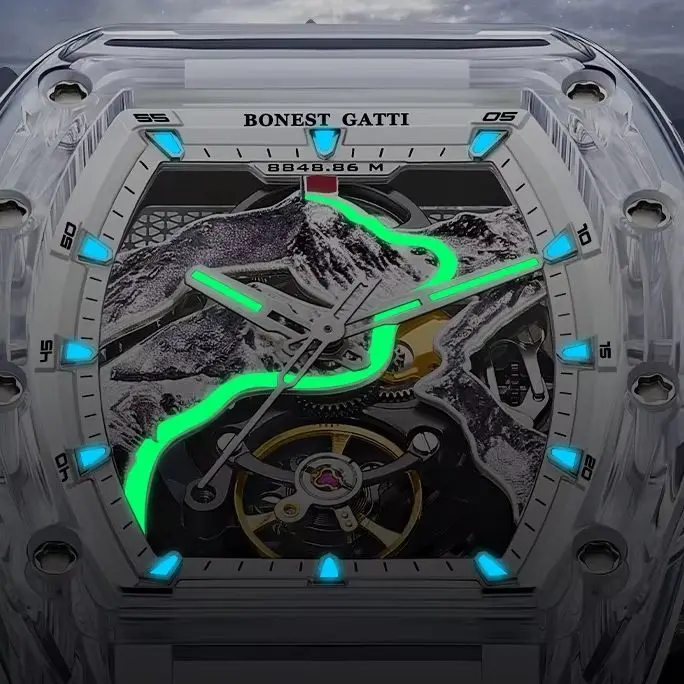 BONEST GATTI Men Automatic Watch Tonneau Mechanical Wristwatch Transparent Acrylic Case Luminous Mount Everest Dial FKM Strap