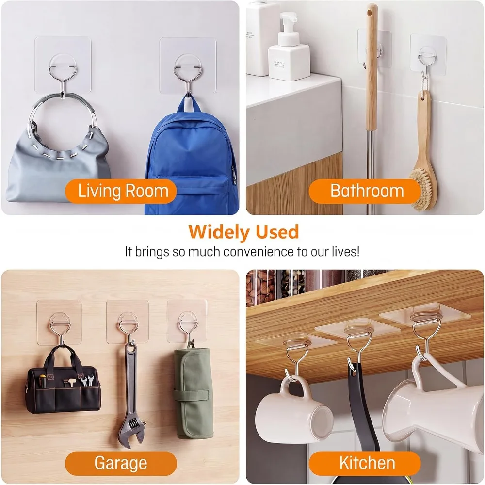 Heavy Duty Adhesive Wall Hooks 33lb Waterproof Rustproof Transparent Self Adhesive Hooks for Bathroom Kitchen Outdoor Home Improvement 24 Pack view 3