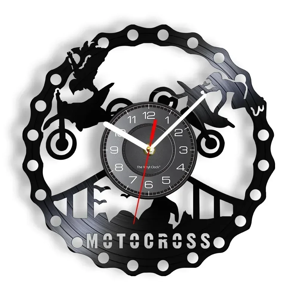 Off Road Motorcycle Racing Car Decoration Vinyl Record Wall Clock Modern Design Off Road Motorcycle Stunt Riding Art Wall Watch