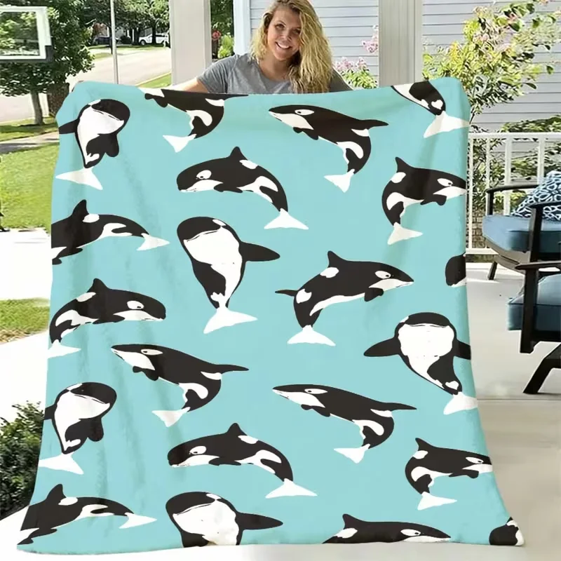 Cute Cartoon Orca Killer Whale Print Flannel Throw Blanket Light Blue Ocean Animal Soft Warm Blanket All Season For Sofa Bedroom
