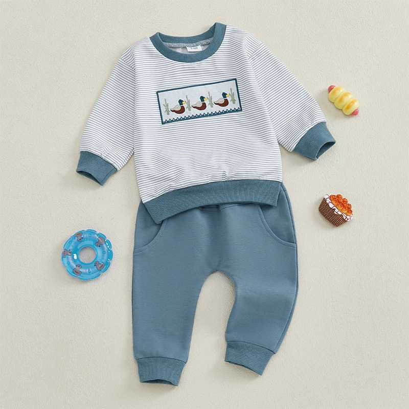 Toddler Boys Fall Outfits Stripe Duck Embroidery Long Sleeve Sweatshirts and Long Pants 2Pcs Clothes Set image 3