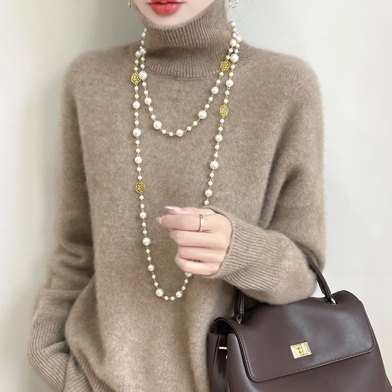 

Women's 100% Merino Wool Fashion Sweater High Neck Knit Solid Color Pullover Soft Comfortable Top Autumn Winter Warm Clothing