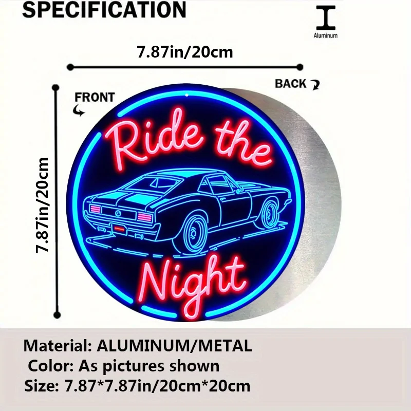 Ride The Night Neon Style Classic Muscle Car Retro 2D Flat Round Metal Tin Sign Wall Art Plaque For Garage Man Cave Decor