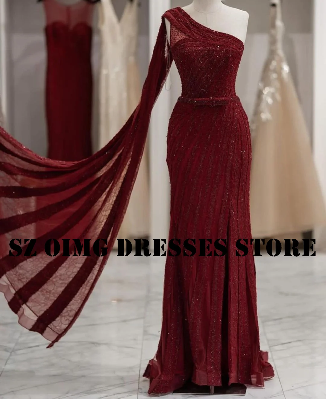 

OIMG New Design One-Shoulder Prom Dresses Arabic Women Cap Sleeves Sequined Sheath Burgundy Evening Gowns Formal Party Dress