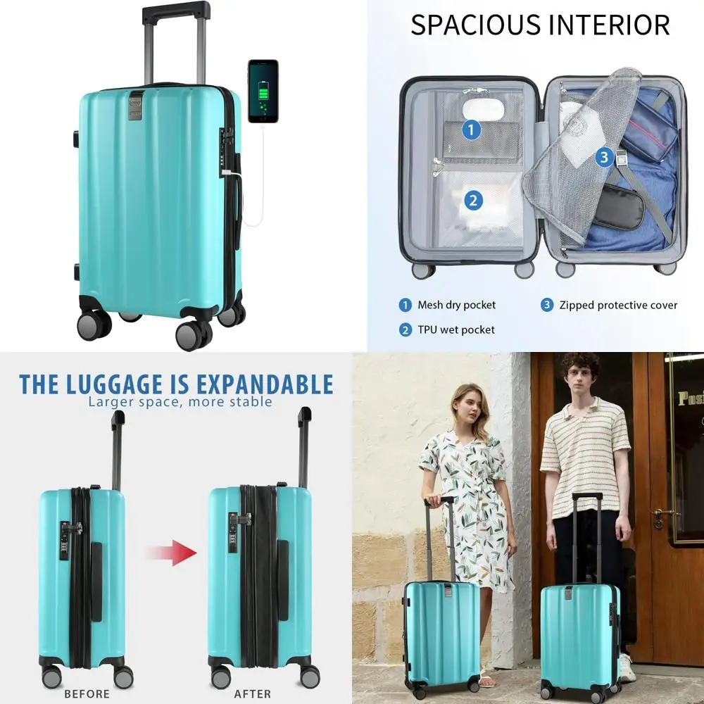 

Expandable Hardside Carry-On Luggage with Spinner Wheels, Built-in TSA Lock, USB Port, Durable Rolling Suitcase for Travel