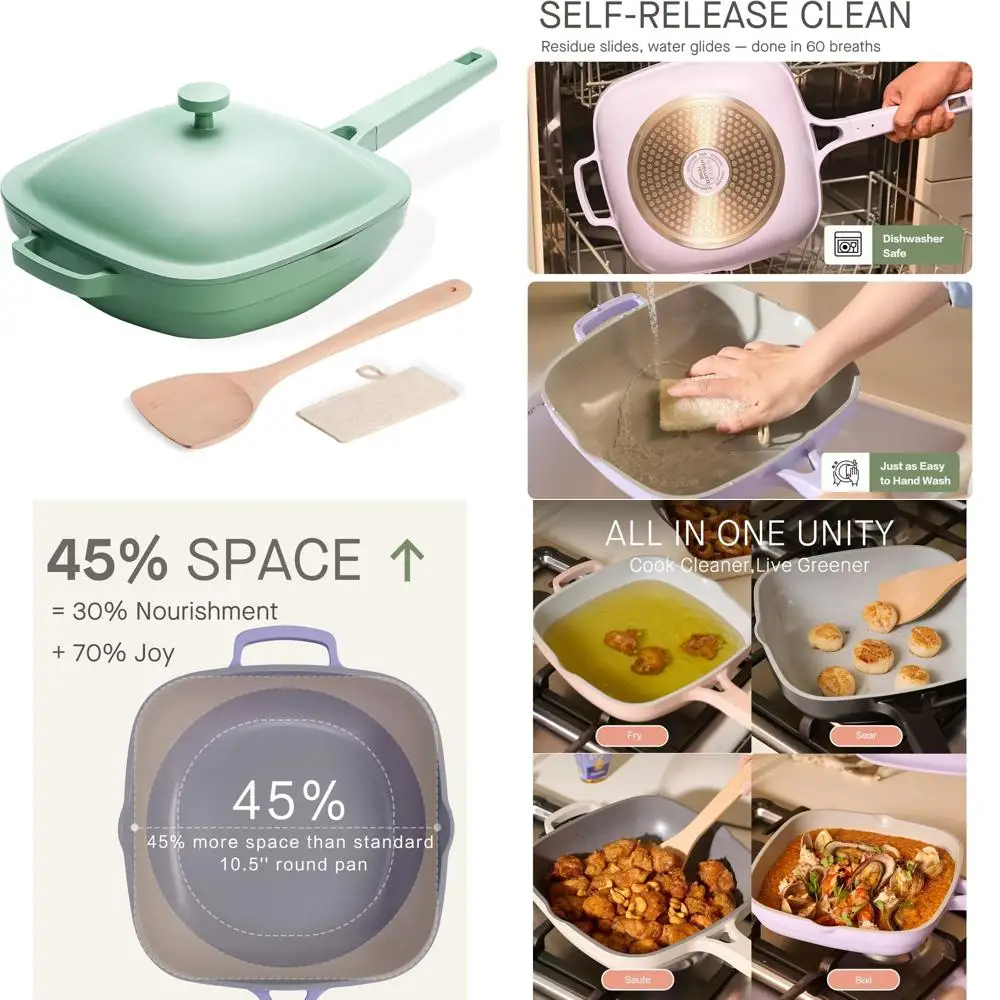 

10,5-дюймовая керамическая сковорода с антипригарным покрытием, глубоким соте с крышкой, деревянной лопаткой и скруббером - мятная дымка