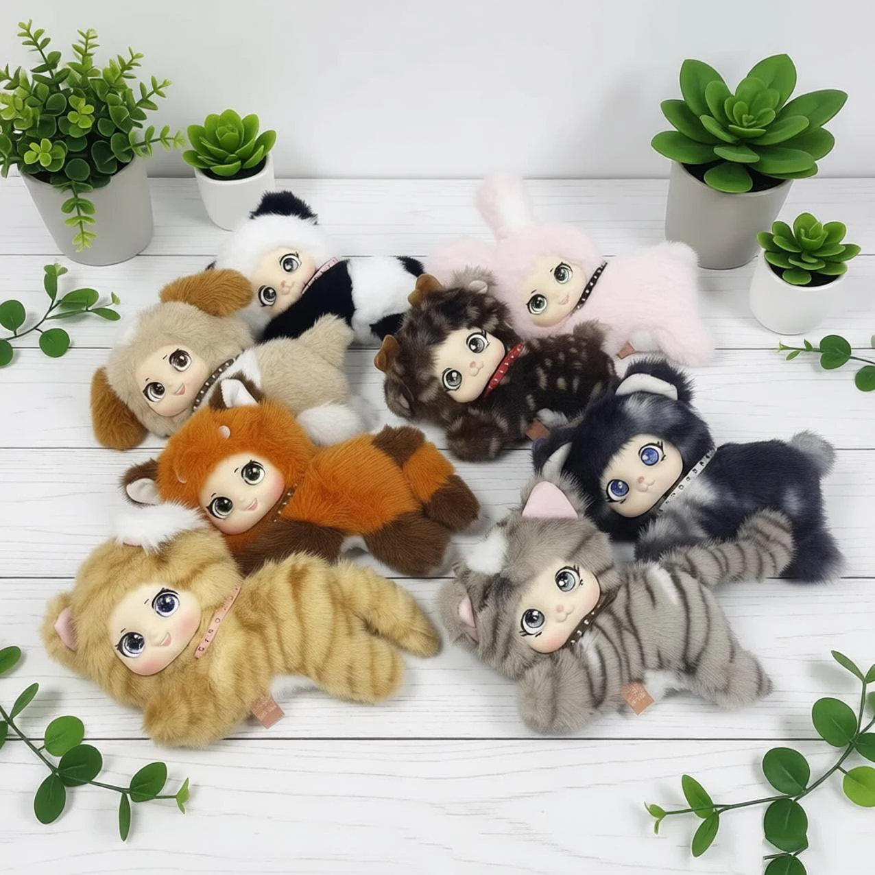

Anime Vinyl Face Doll Cute Kitten Bear Puppy Plush Toy Cartoon Rabbit Panda Fawn Stuffed Pendant Cute Raccoon Deer Cat Keychain