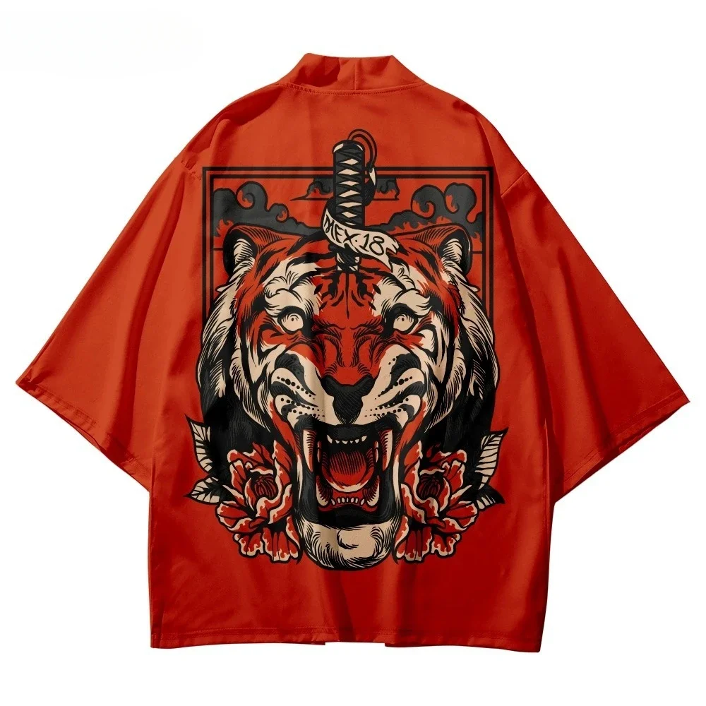 Quimono tradicional para homens e mulheres, camisas estampadas com a espada do tigre vermelho, casaco Yukata, cardigan estilo japonês, roupas Haori cosplay, tamanho grande