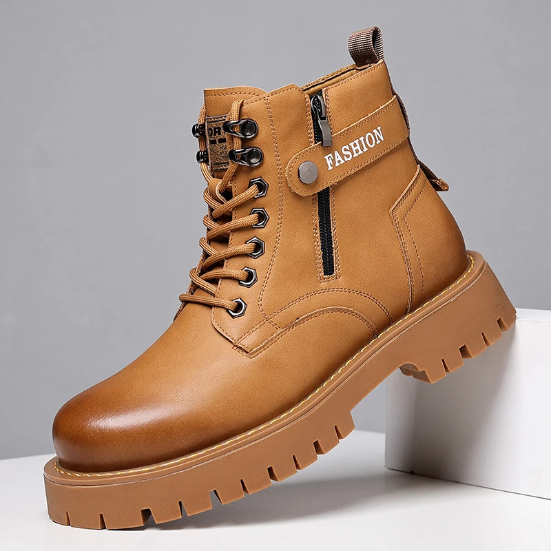 Mens Tan Vintage Leather Combat Boots Side Zipper Decor Lace Up Chunky Sole Ankle Boots Casual Work Daily Travel Shoes Retro