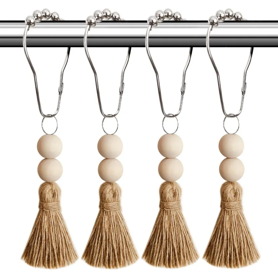 

Крючки для занавесок в стиле бохо, кольца, нержавеющие вертикальные декоративные кольца для занавесок для душа с деревянными бусинами ручной работы, кисточка, фермерская обувь, домашняя летучая мышь